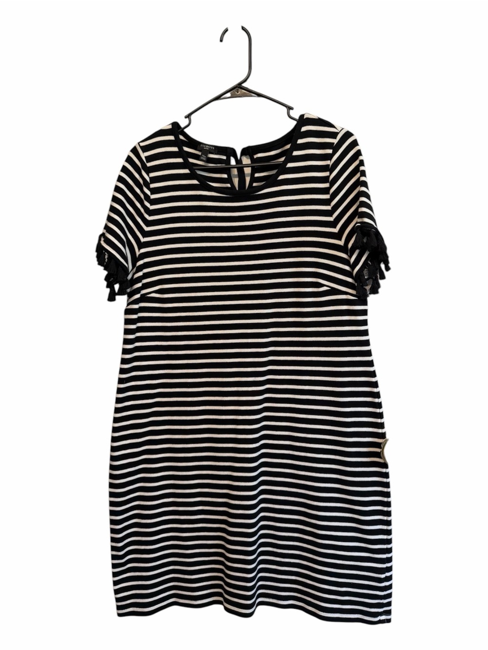 Talbots Black and White Striped Short Sleeve Tassel Trim Dress